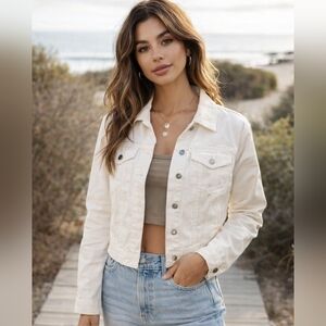 Bagatelle Denim Jacket Cropped Trucker White Button Front Classic Chic SZ Medium